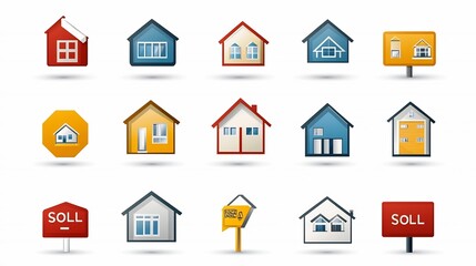 A comprehensive set of icons representing various elements of the real estate industry including residential buildings open house signs sold tags