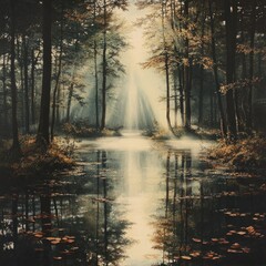 Obraz premium Sunlit Path Through a Forest Reflecting in a Still Pond