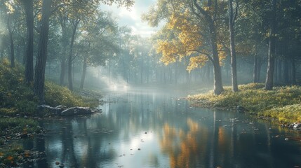 Obraz premium Misty Forest Creek with Sunbeams and Fallen Leaves