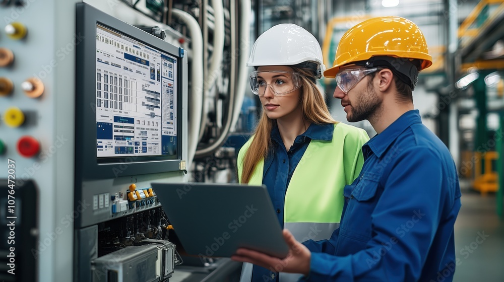 Poster factory engineers reviewing machine data on screen. male and female engineers with safety gear inspe