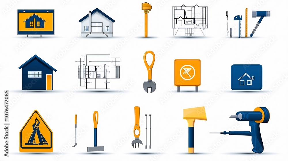 Aufkleber comprehensive set of home construction and renovation icons in format featuring tools blueprints and