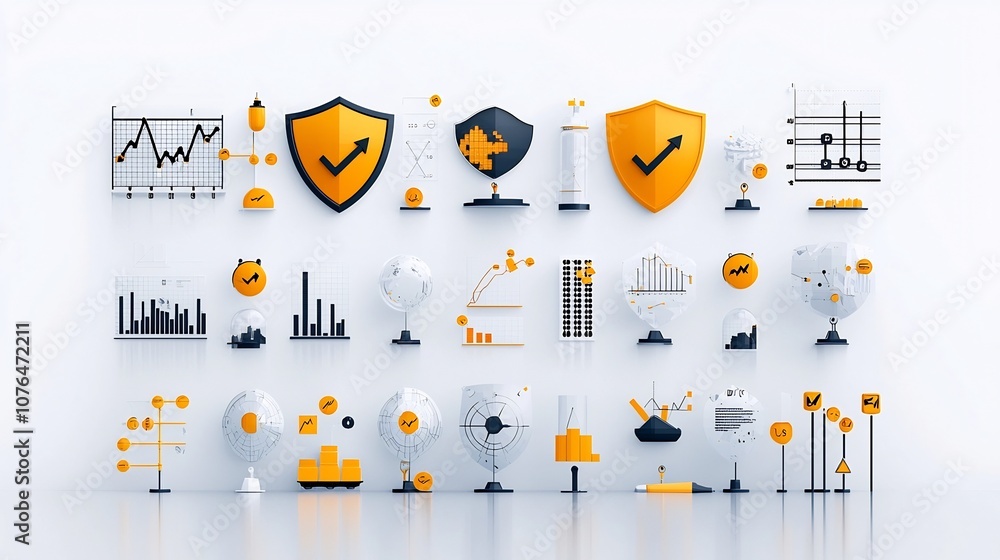 Aufkleber Pixel perfect 64x64 icons with editable stroke representing essential risk management concepts like shields graphs warning signs and more for business finance and data analysis applications