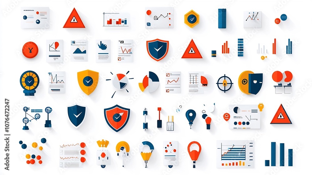 Aufkleber Comprehensive Icon Set for Effective Risk Management Dashboards and Visualizations  This detailed collection includes essential elements like alert triangles security shields data charts