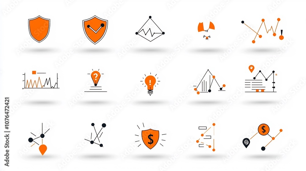 Aufkleber Pixel perfect line icon set in 64x64 style with editable stroke showcasing various risk management and financial analysis symbols such as shields exclamation marks and data visualization graphs