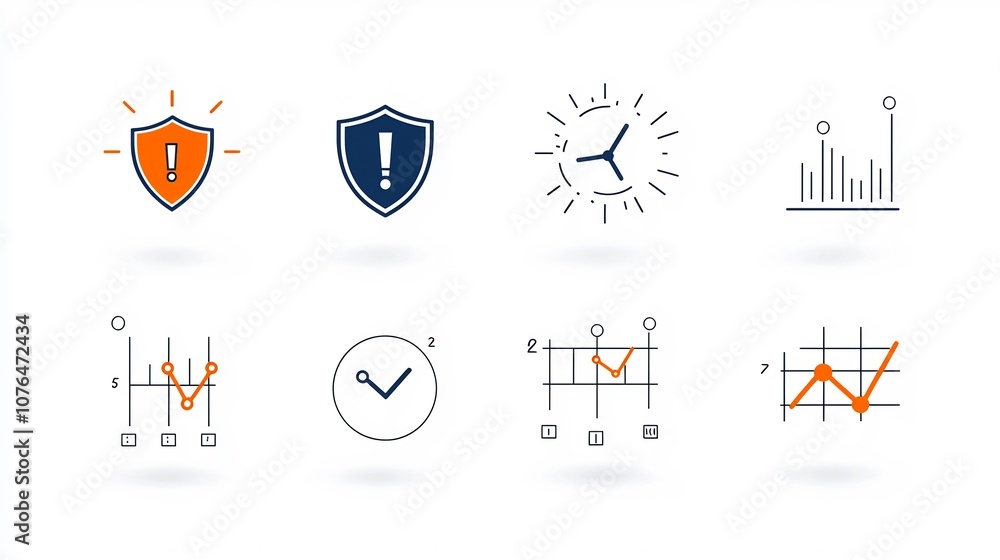 Poster Pixel perfect line icon set with editable stroke showcasing risk management symbols like shields exclamation marks and financial graphs for business analytics data visualization