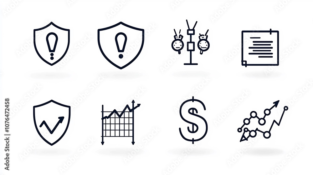 Poster Comprehensive line icon set in a crisp pixel perfect 64x64 style with editable stroke showcasing a variety of risk management symbols such as shields exclamation marks and financial graphs