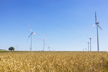 Wind turbines generating clean energy in austrian wheat field