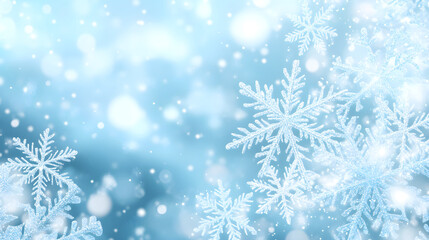 Winter card with white frosty snowflake on blue bokeh background. Magical macro snow backdrop. Holiday celebration greeting card for Christmas New Year. Xmas banner. Winter season concept