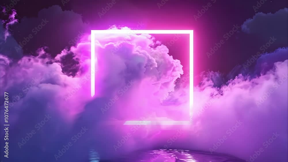 Poster a surreal scene featuring a glowing pink rectangular frame surrounded by clouds and reflective water