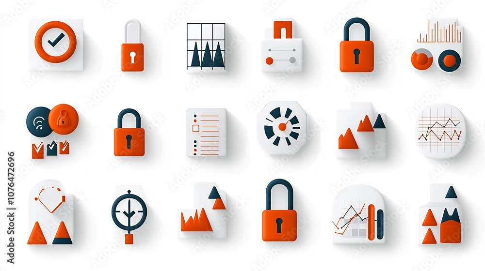 Poster Collection of 64x64 pixel perfect icons with editable stroke showcasing symbols for risk management such as secure locks warning signs analytics graphs and other business and finance related concepts