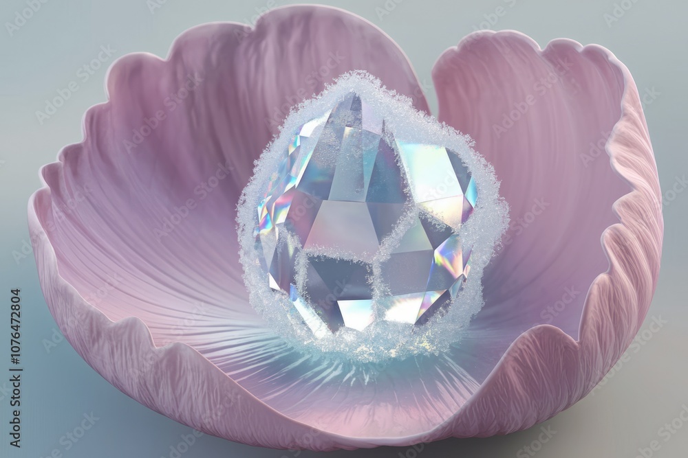 Poster a shimmering multifaceted crystal rests delicately within a soft pink flower.