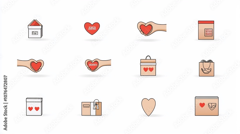 Poster Collection of simple and modern icons representing charitable giving donation drives and community outreach events on a clean white background