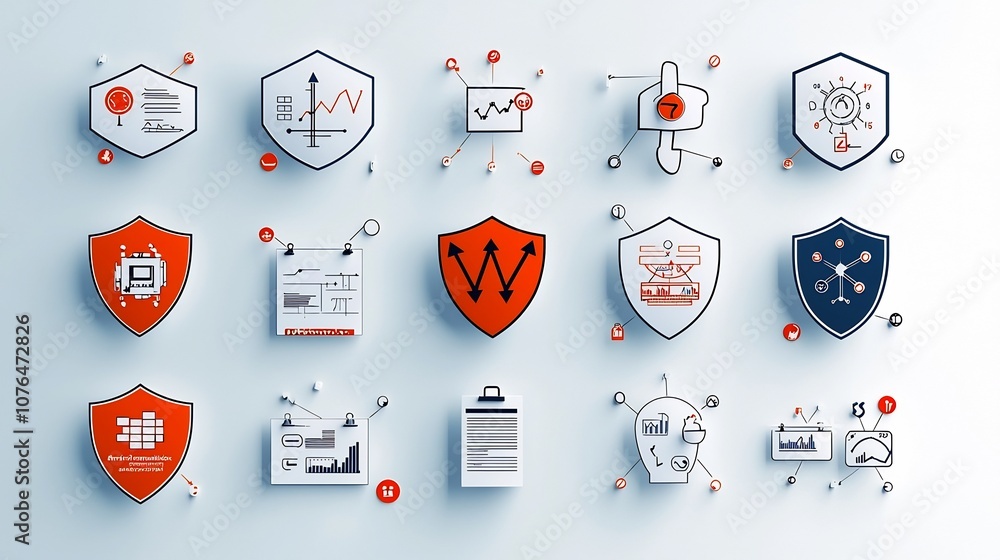 Aufkleber Pixel perfect line icons in a 64x64 with editable stroke covering a range of risk management concepts including shields data analysis tools