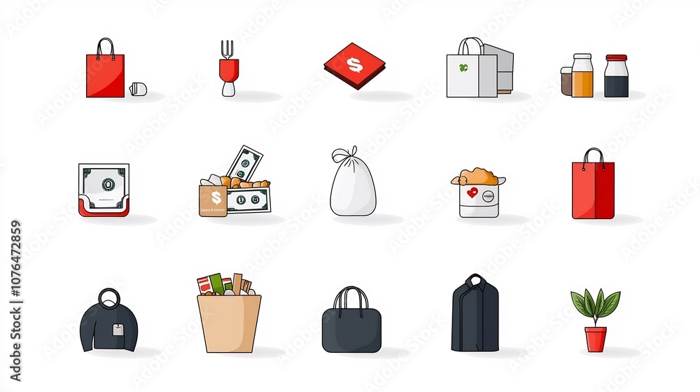 Poster Set of minimalist icons representing different types of charitable donations and humanitarian aid including money food clothing and other essential supplies