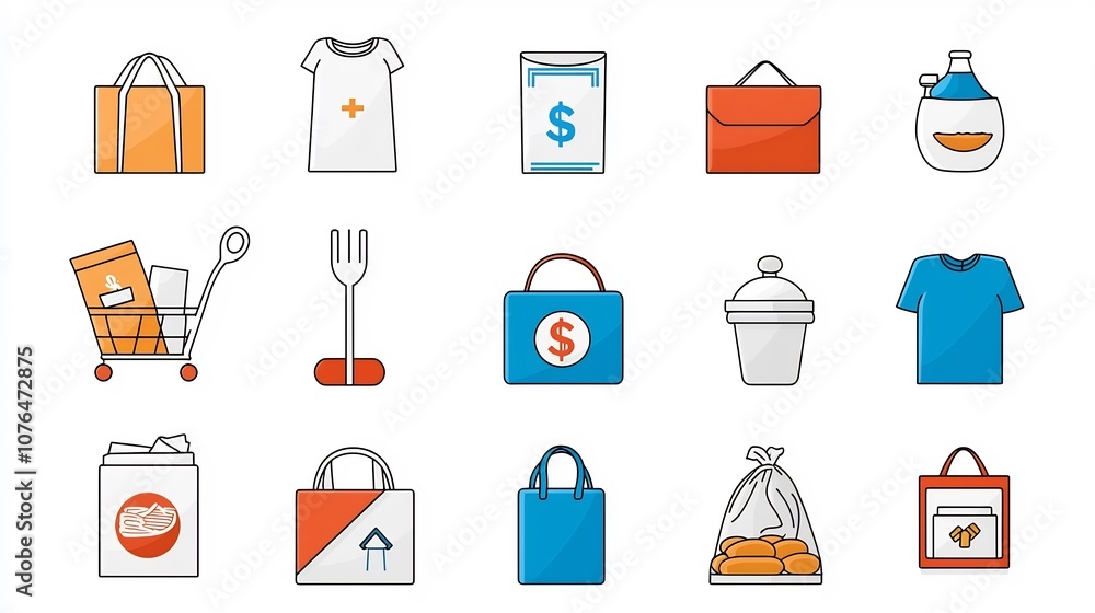 Poster set of minimalist icons illustrating different forms of donations such as monetary food and clothing