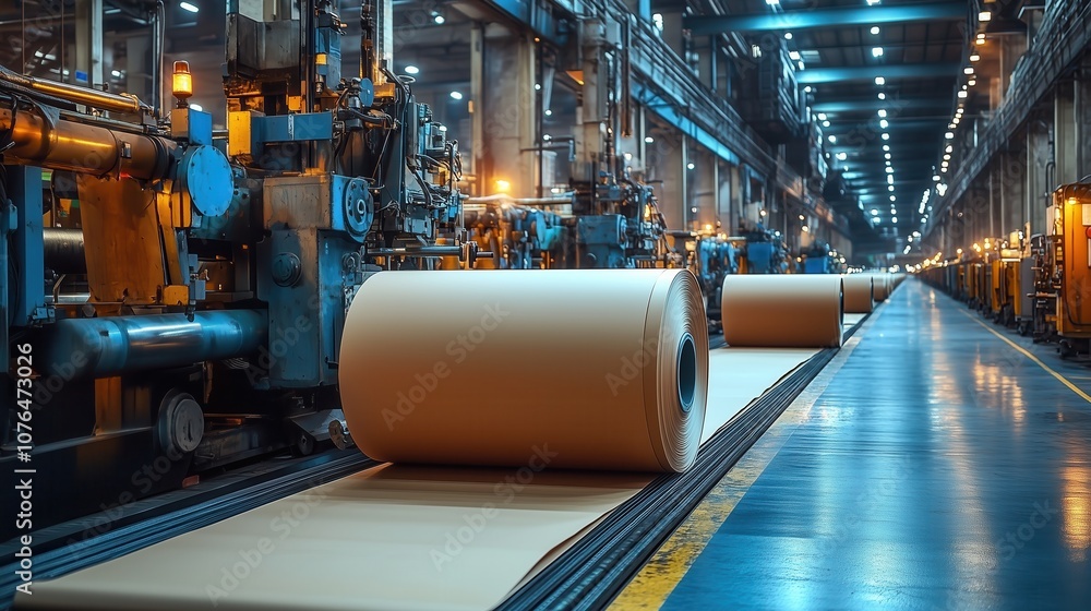 Aufkleber paper roll production line in factory. large rolls of paper move along a conveyor in a spacious, mod