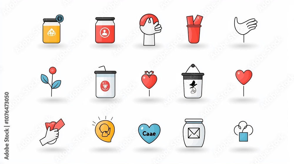 Poster collection of charity themed icons and symbols depicting donation jars supportive gestures and care 
