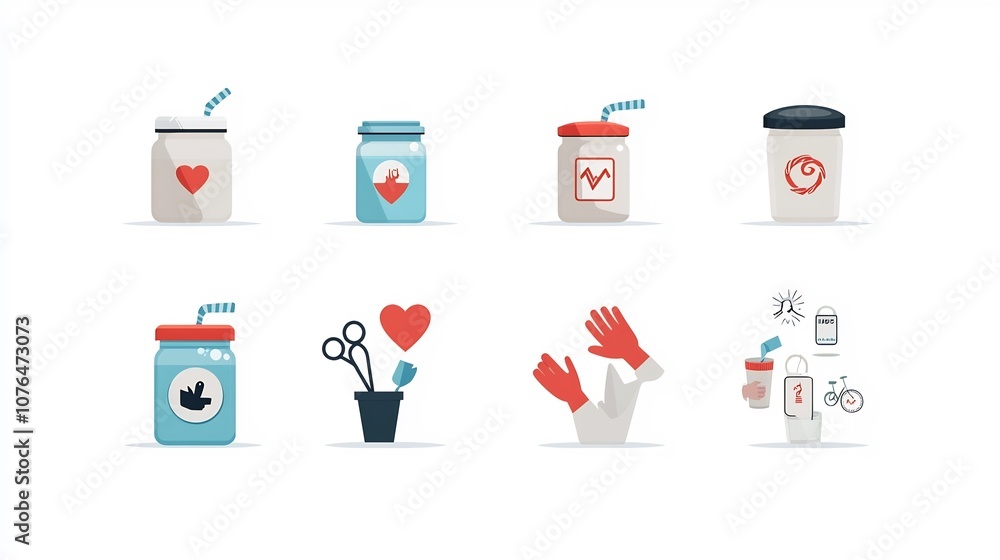 Aufkleber collection of charity themed icons depicting donation jars supportive gestures and care symbols in a