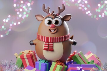 Fototapeta premium A cute cartoon reindeer stands amongst a pile of Christmas presents.