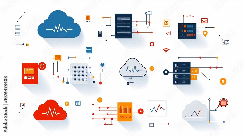 Poster Set of minimalist icons representing various cloud network concepts such as secure connections global servers and seamless data access showcasing a clean and modern design style