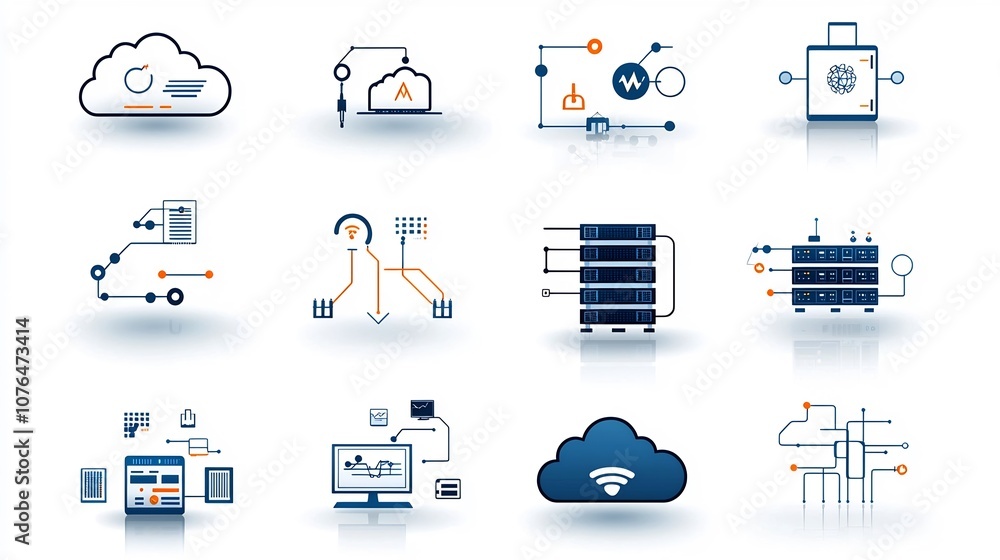 Poster Set of abstract and modern graphic icons representing secure cloud network concepts like global server connections data access