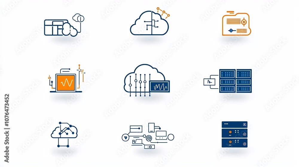 Aufkleber Soft Color Icons Representing Various Elements of Cloud Computing Infrastructure Including Cloud Database Server Clusters and Application Development Symbols