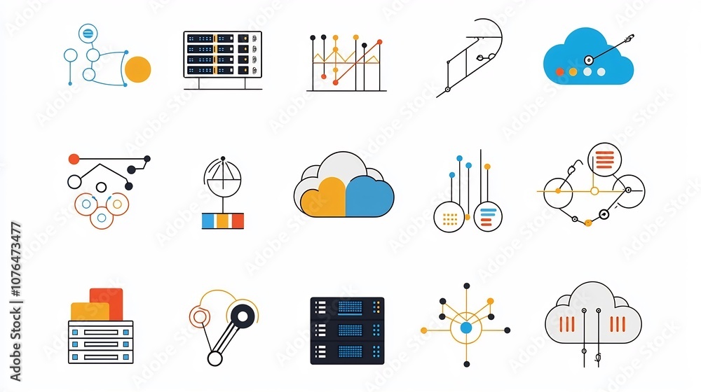 Poster Soft Colored Icons Depicting Cloud Database Server Clusters and Cloud App Development Symbols for Cloud Computing Infrastructure Concepts