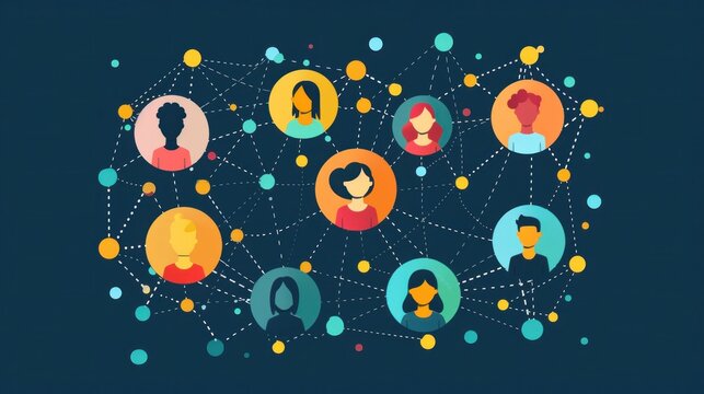 Networking concept illustrating diverse people connected through a web of interactions, shown on a dark blue background with circles and lines symbolizing relationships