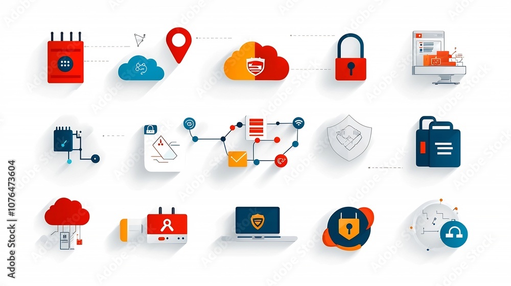 Fototapete Minimalist icons showcasing cloud network security concepts like firewall encrypted data and multi layer protection in a clean abstract design style