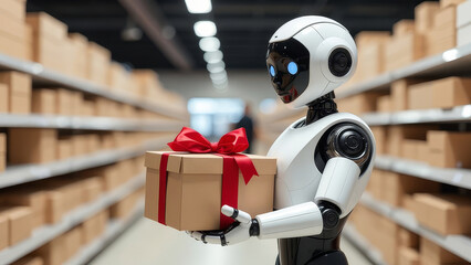 Fototapeta premium An android robot holds a gift box with a red ribbon in a warehouse filled with shelves of packages, symbolizing automation in logistics and holiday delivery.