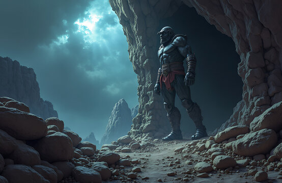 a giant cyclops standing guard at a cave, in a rocky landscape with dramatic skies