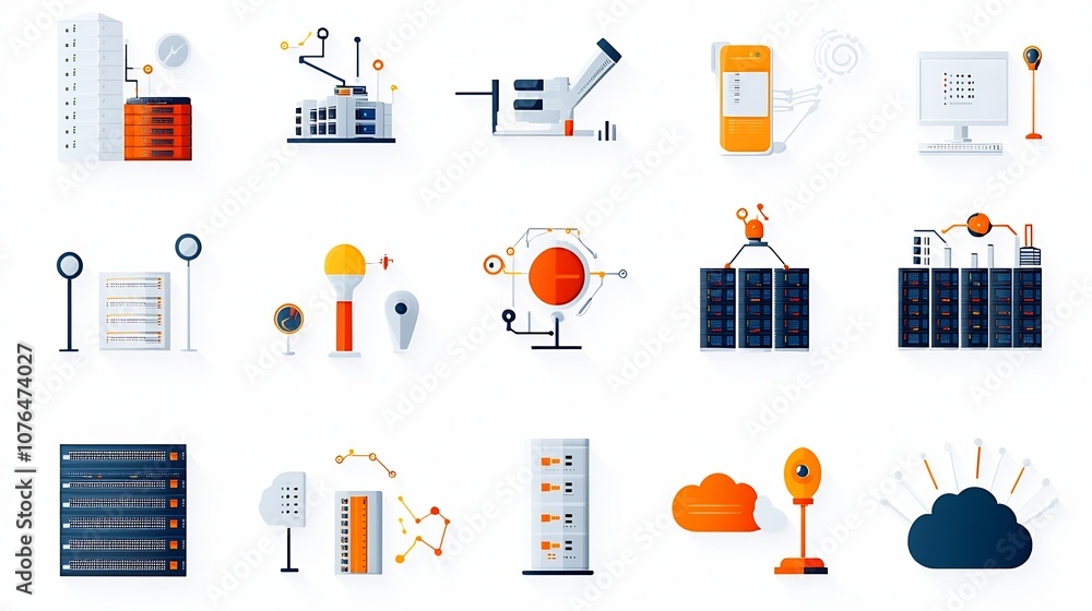 Fototapete Collection of Hosting Icons Featuring Data Centers Server Management and Cloud Monitoring Tools with Simple Lines and Light Gradients
