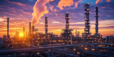 Vibrant Sunset Illuminating Oil Refinery and Towers. Oil refinery complex with smokestacks and pipelines glows under a sunset, highlighting the industrial infrastructure of the energy sector.