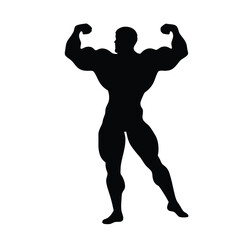 A man with a muscular build is standing in a black and white photo. He is flexing his biceps and is wearing a black shirt