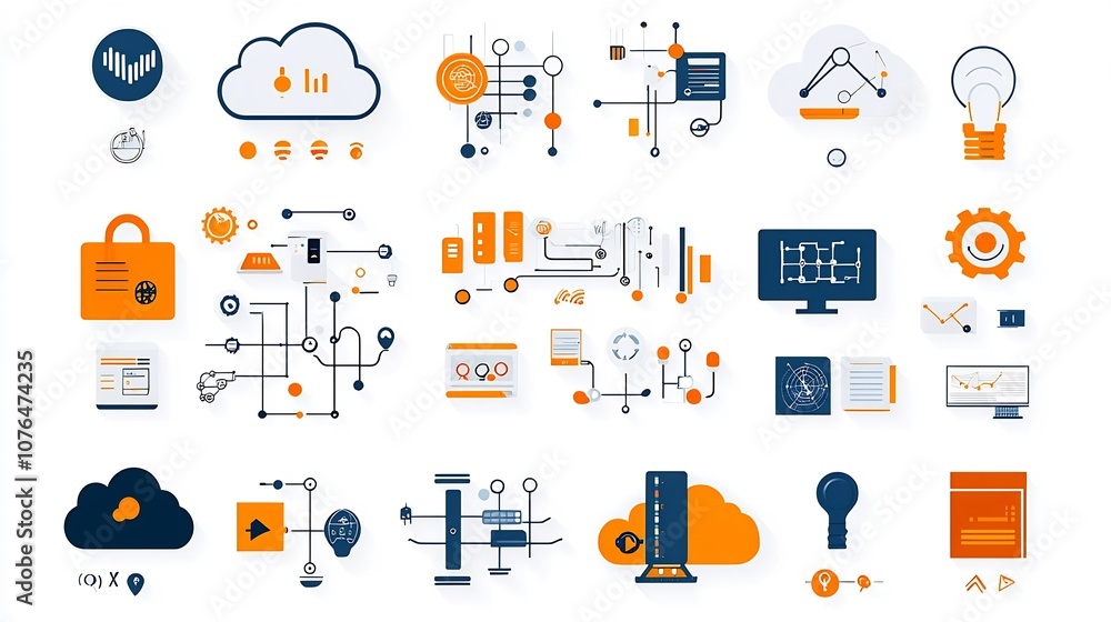 Aufkleber icon set depicting cloud computing with network architecture symbols data transfer and scalable cloud services in a sleek tech themed digital style