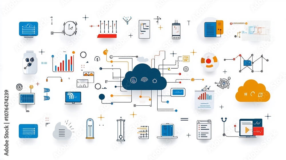 Aufkleber icon set depicting cloud computing network architecture symbols data transfer and scalable cloud services in a tech themed style  Representing the infrastructure technology