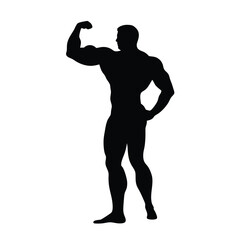 A man with a muscular build is standing in a black and white photo. He is flexing his biceps and is wearing a black shirt