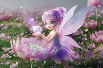 A purple haired fairy holds a glowing orb in a field of pink flowers.