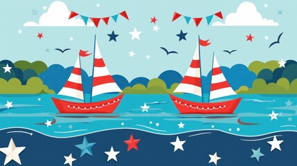 colorful sailing boats, summer, water, nature, playful scene with clouds, stars, and greenery, bright and cheerful, perfect for children s themes