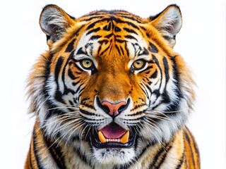 Obraz premium Fierce Animated Tiger Roaring with Sharp Teeth and Vibrant Fur Pattern on a Plain White Background for Engaging Product Photography