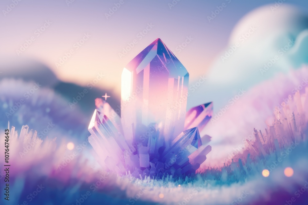 Poster a large transparent crystal glows with iridescent colors.