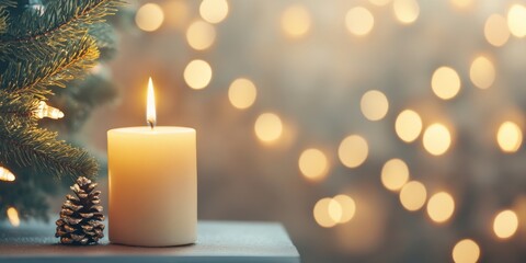 Christmas Candle with Pinecone and Bokeh Lights
