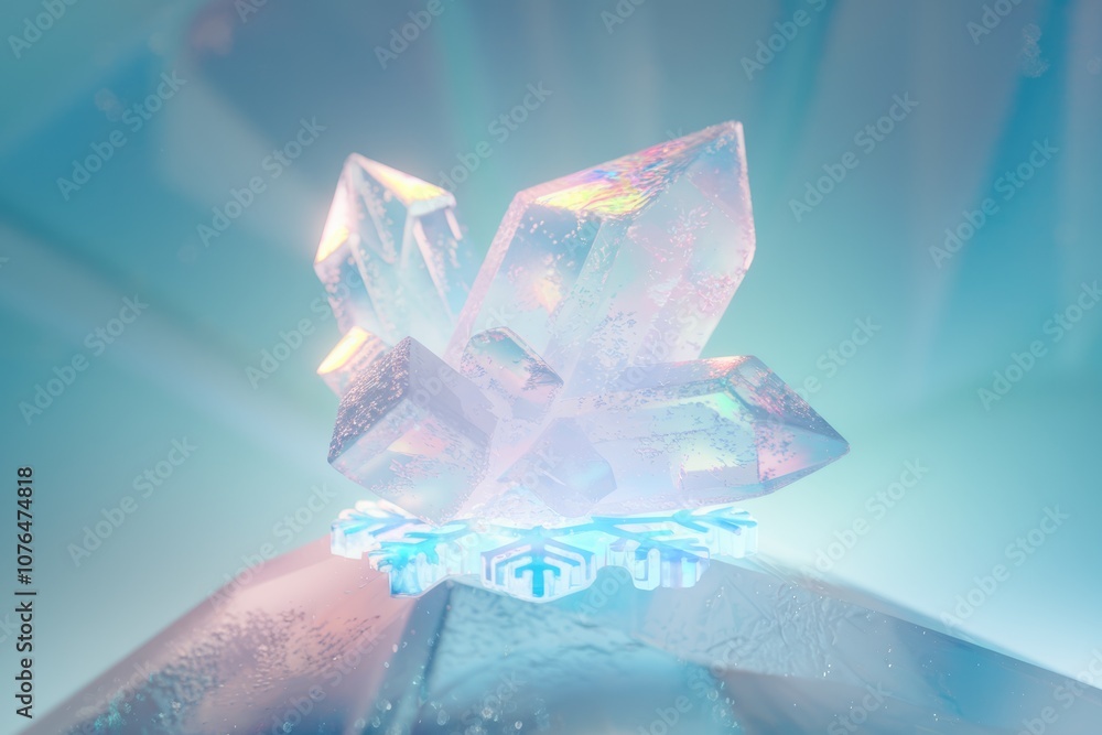 Aufkleber A sparkling crystal cluster rests on a snowflake  illuminated by a soft blue light.