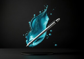Futuristic stylus pen with blue liquid splash on dark background
