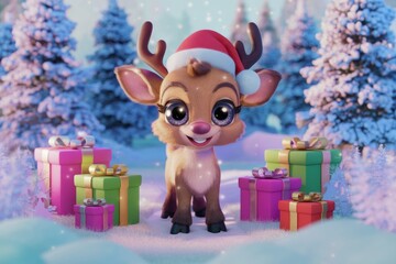 Fototapeta premium Cute reindeer wearing a Santa hat surrounded by Christmas presents in snowy forest.