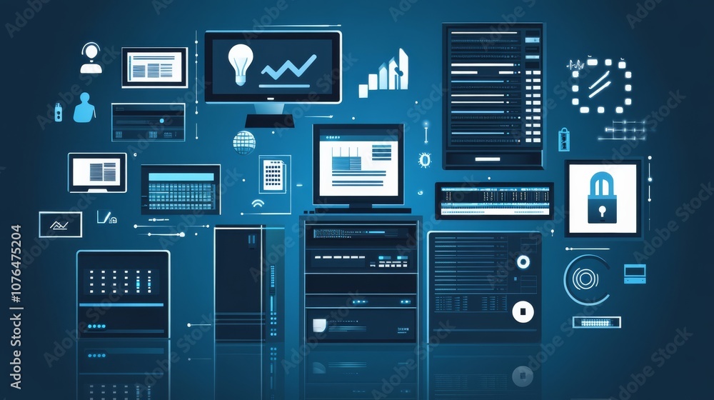 Poster digital ecosystem: a vibrant illustration showcasing the interconnectedness of modern technology, fr