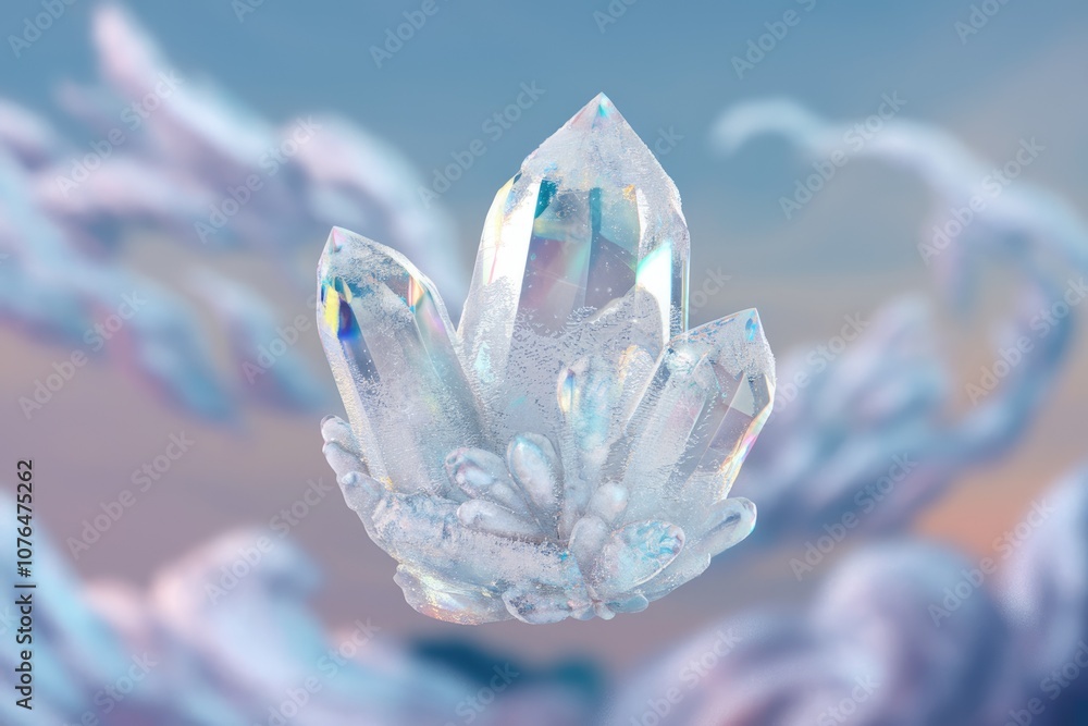 Poster A cluster of iridescent quartz crystals  sparkling with light.