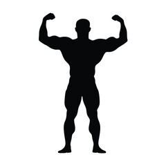 Fototapeta premium A man with a muscular build is standing in a black and white photo. He is flexing his biceps and is wearing a black shirt