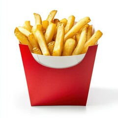 A serving of crispy golden French fries in a red takeout container, perfect for fast food cravings and snack time.