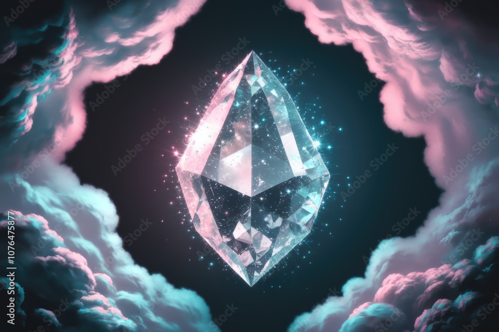 Poster a sparkling crystal gem levitates against a backdrop of ethereal clouds.